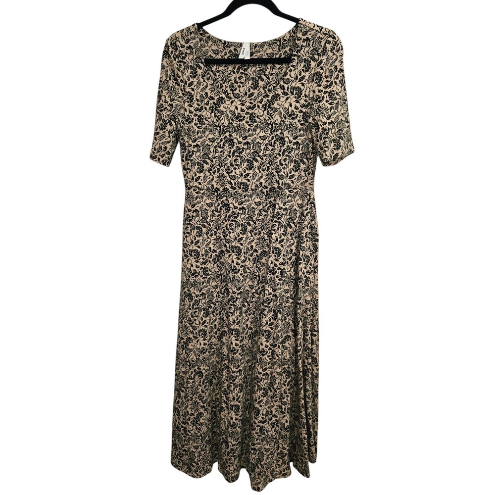 Pact Midi Fit & Flare Dress Sz M Scoop Neck Floral Organic Cotton stretch Pocket